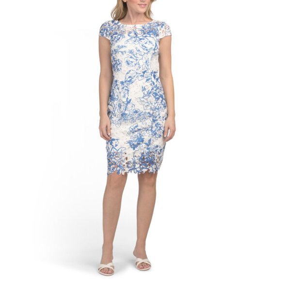 ADRIANNA PAPELL Dresses & Skirts - ADRIANNA PAPELL Ivory/blue Short Sleeve Floral Lace Cocktail Dress